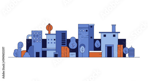 Modern Cityscape Illustration with Geometric Buildings and Trees.