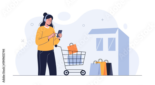 Woman with headphones and smartphone shopping cart, online shopping concept