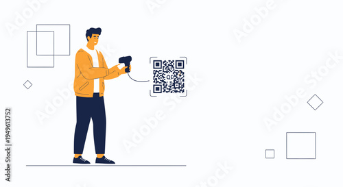 Man scanning QR code with handheld scanner, modern technology concept