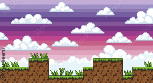 Pixel Art Game Platform Elements with Grass and Soil Blocks.