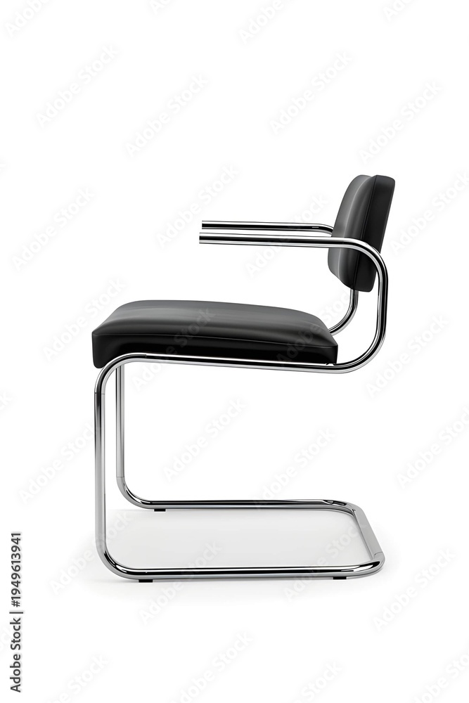 Fototapeta premium AI Generative. Modern Bauhaus Style Cantilever Armchair with Black Leather and Chrome Frame Isolated on Clean White. 3