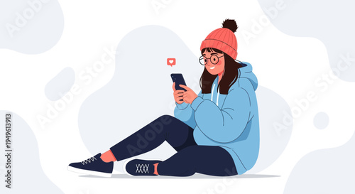 Young Woman Sitting and Using Smartphone, Social Media Like Icon Above