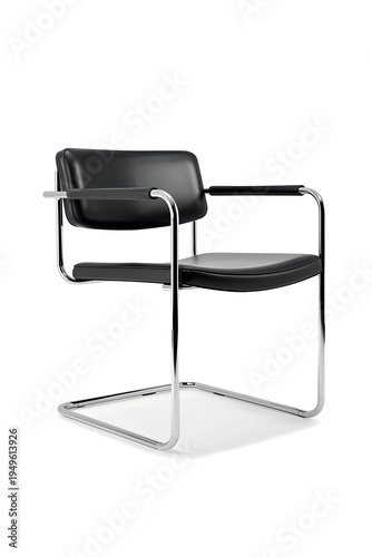 AI Generative. Modern Bauhaus Style Cantilever Armchair with Black Leather and Chrome Frame Isolated on Clean White. 1