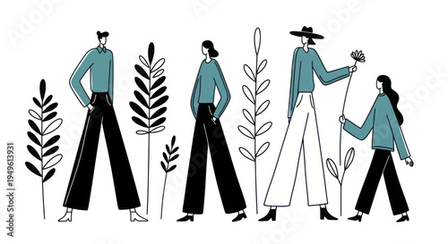 Stylized illustration of people with exaggerated proportions standing among tall plants.