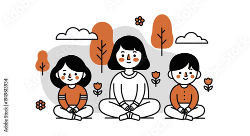 Three children sitting cross-legged in a row, smiling and happy.