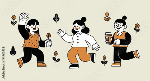 Three cheerful women enjoying a lively outdoor gathering with flowers and coffee.