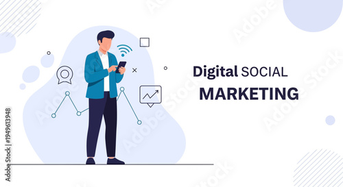 Digital Social Marketing Concept: Man Using Smartphone with Growth Chart and Wi-Fi Icon