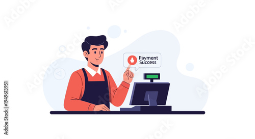 Cashier confirming successful payment on a digital screen at a checkout counter.