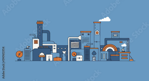 Stylized cityscape illustration with diverse buildings and elements.