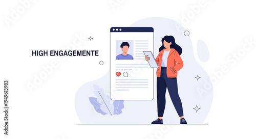 Woman analyzing social media profile with high engagement metrics on screen