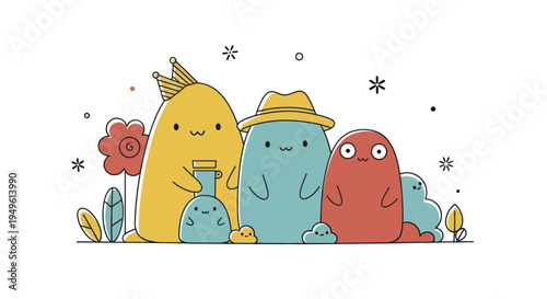 Three cute cartoon blob characters with unique personalities.