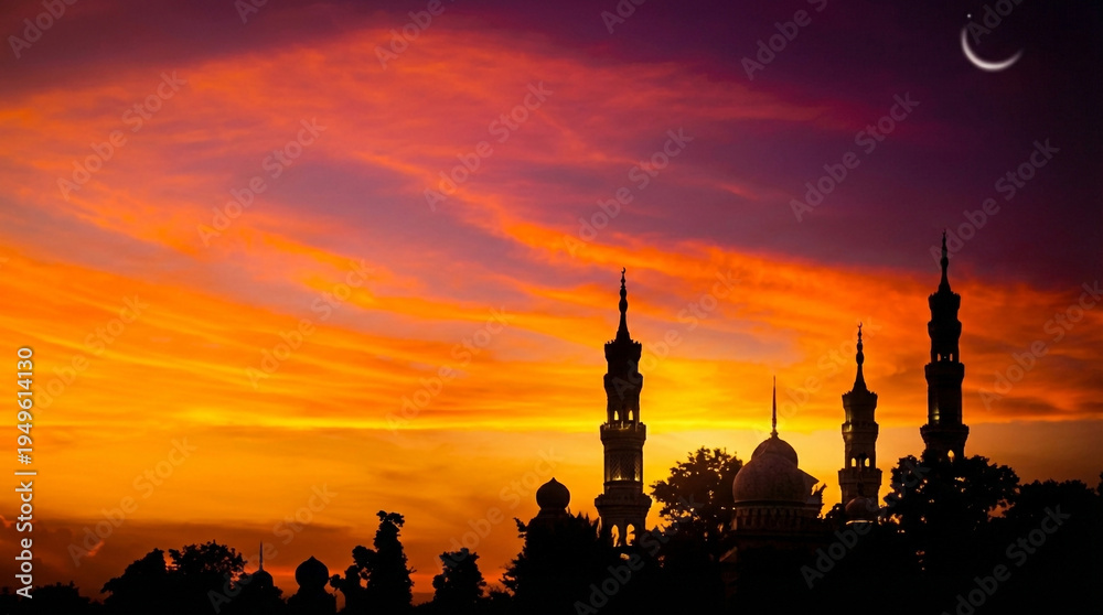 Fototapeta premium Silhouette of Mosque Minarets and Domes Against a Vibrant Sunset Sky with Crescent Moon Islamic