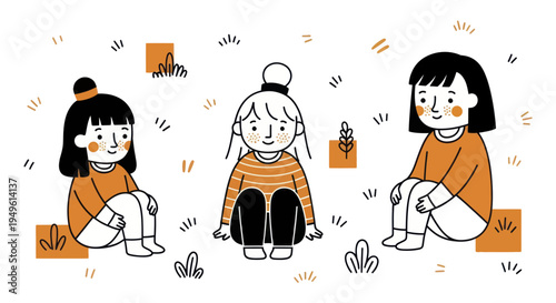 Three diverse young girls sitting together in a playful and minimalist cartoon style.