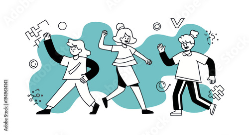 Three diverse young people walking together in a lively and dynamic manner.