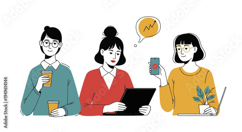 Three diverse young professionals collaborating on a business project with a focus on growth.