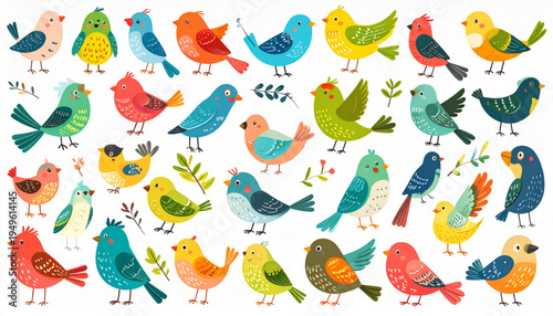 A collection of colorful hand drawn songbirds featuring various species in different poses and colors Vector