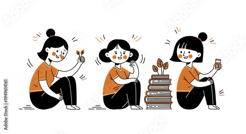 Three girls engaged in various activities, showcasing different hobbies and interests.