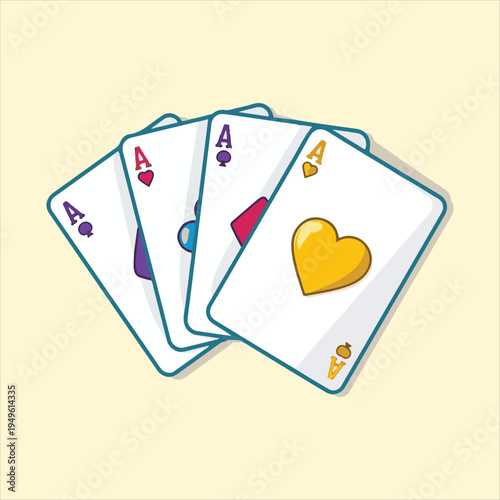 Four aces hand in a fanned arrangement graphic,

Stylized poker cards with aces for gaming concepts,

Colorful fanned out aces vector for casino night.