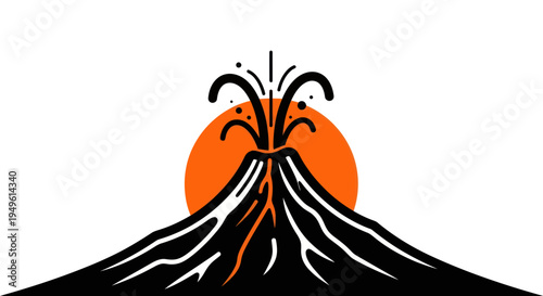 Volcano erupting silhouette against orange sun