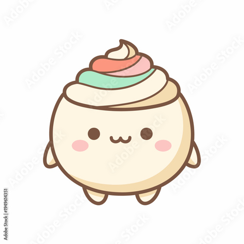 Cute kawaii cream puff character with pastel swirls, a sweet cartoon dessert illustration with rosy cheeks and stubby legs, perfect for food blogs or sweet treat designs