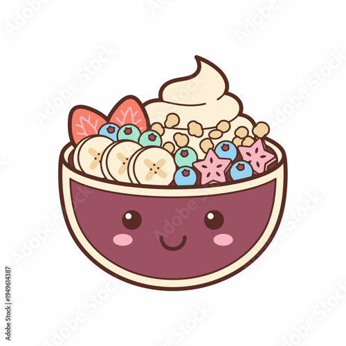 Adorable Kawaii Acai Bowl Illustration with Fresh Fruit Toppings and a Smiling Face