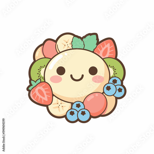 Cute cartoon kawaii ice cream sundae surrounded by a ring of fresh fruit including strawberries blueberries bananas and kiwi slices with a happy face and mint leaf garnish