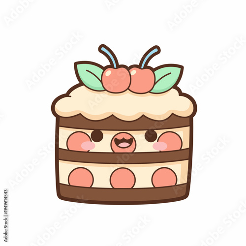 Cute Kawaii Cherry Cake Illustration with Smiling Face and Sweet Frosting Design
