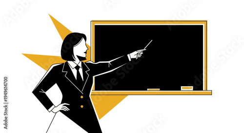 Woman at blackboard pointing in education