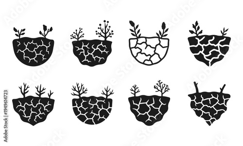 Set of 8 minimalist black and white floating island vector graphics with cracked earth texture and small plants