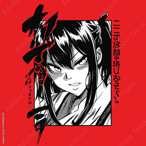 Vector Illustration of distressed anime style character face in red border

Gritty black and white manga character vector art with red frame,

Flat vector portrait of an intense anime character with.