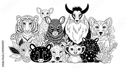 Black and white illustration of various animals in a line looking forward