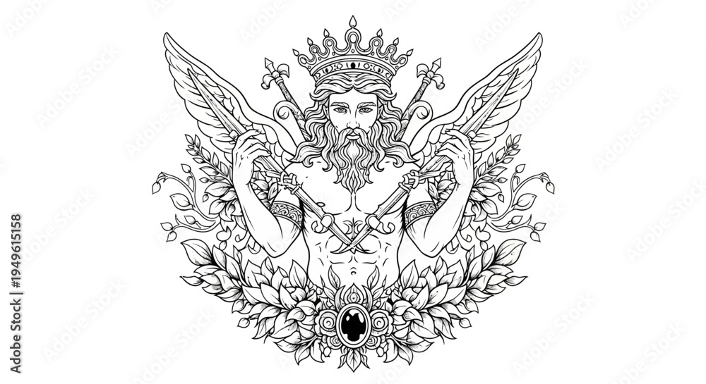 Naklejka premium Intricate illustration of a kingly figure with wings and crown in detailed monochrome
