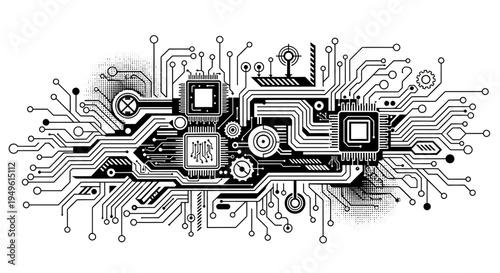 Circuit board illustration detailed electronic components on a white background