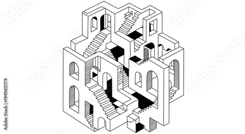 Impossible architectural structure with stairs perspective illusions vector illustration