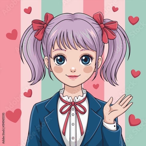 Stylish anime girl in red jacket and teal hoodie vector illustration

Young woman with red short hair in urban streetwear anime style,Modern anime character portrait with colorful brush stroke backgr.