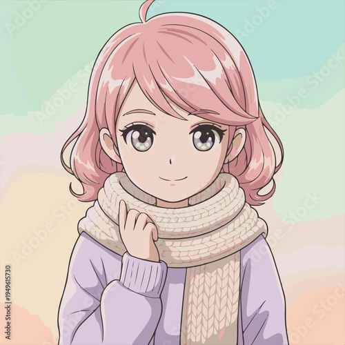 Stylish anime girl in red jacket and teal hoodie vector illustration

Young woman with red short hair in urban streetwear anime style,Modern anime character portrait with colorful brush stroke backgr.