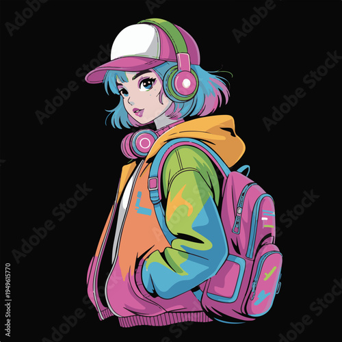 Stylish anime girl in red jacket and teal hoodie vector illustration,Young woman with red short hair in urban streetwear anime style,Modern anime character portrait with colorful brush stroke backgr.