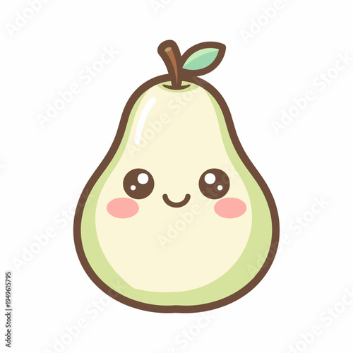 A cute cartoon pear with rosy cheeks and a smiling face, isolated on a white background