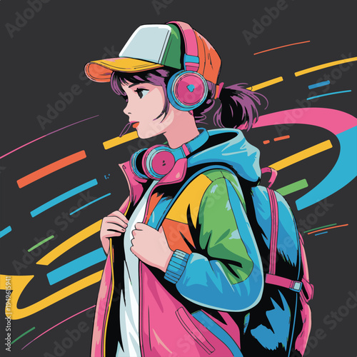 Stylish anime girl in red jacket and teal hoodie vector illustration,Young woman with red short hair in urban streetwear anime style,Modern anime character portrait with colorful brush stroke backgr.