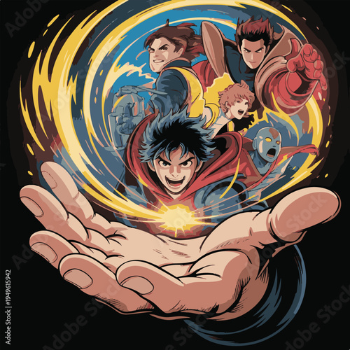 Giant hand holding group of powerful anime heroes in energy ball,,

Comic book style illustration of martial arts warriors in a palm,

Stylized manga characters glowing in a magical energy sphere.