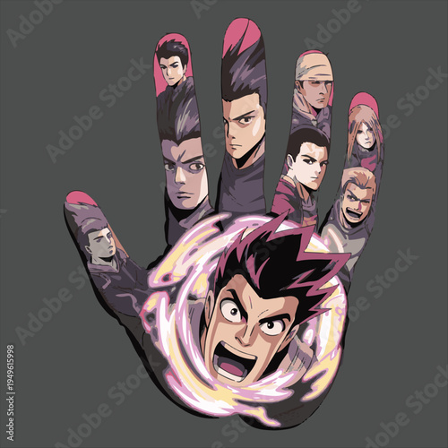 Giant hand holding group of powerful anime heroes in energy ball,

Comic book style illustration of martial arts warriors in a palm,

Stylized manga characters glowing in a magical energy sphere.
