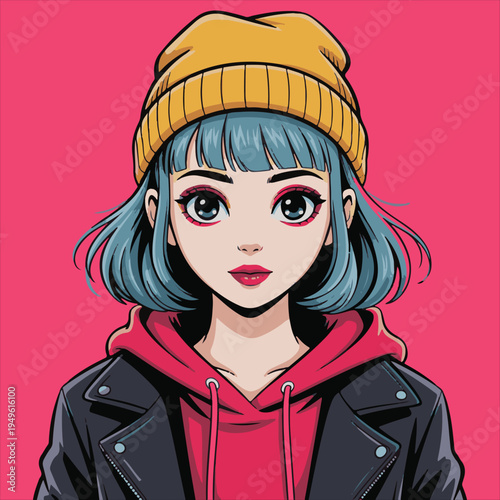 Stylish anime girl in red jacket and teal hoodie vector illustration,Young woman with red short hair in urban streetwear anime style,Modern anime character portrait with colorful brush stroke backgr.