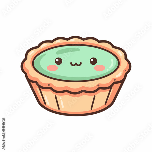 Cute kawaii green tart dessert with a happy face, a delightful pastry illustration for food lovers and sweet treat enthusiasts