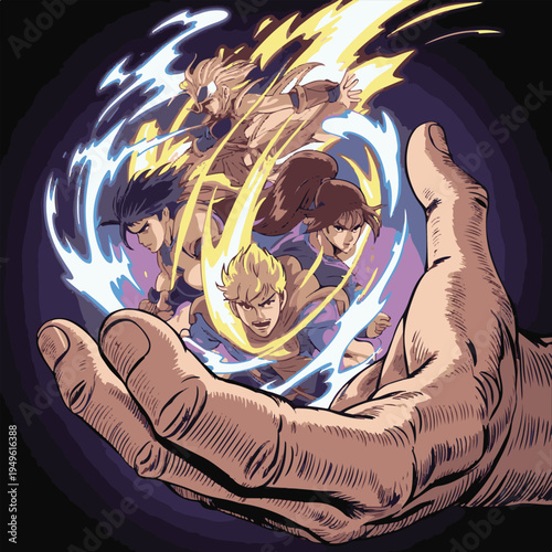 Giant hand holding group of powerful anime heroes in energy ball,

Comic book style illustration of martial arts warriors in a palm,

Stylized manga characters glowing in a magical energy sphere.