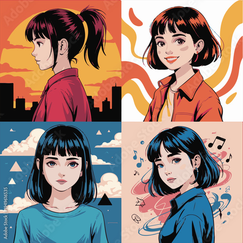 Stylish anime girl in red jacket and teal hoodie vector illustration,Young woman with red short hair in urban streetwear anime style,Modern anime character portrait with colorful brush stroke backgr.