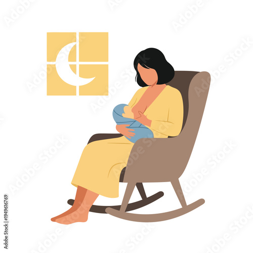 Simple illustration vector of pregnant woman illustration of woman sitting in rocking chair breastfeeding baby at night by window