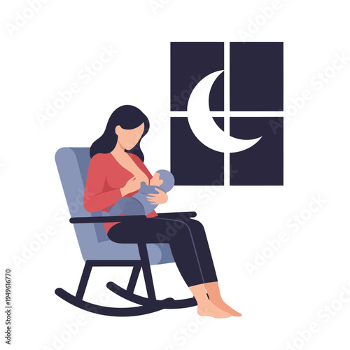 Simple illustration vector of pregnant woman illustration of woman sitting in a rocking chair feeding a baby at night