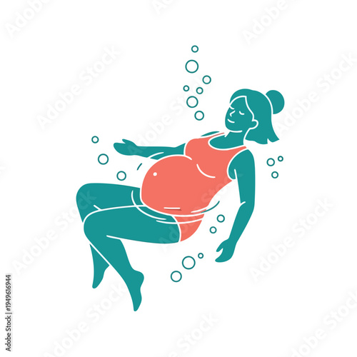 Simple illustration vector of pregnant woman illustration of pregnant woman in a pink swimsuit floating in water with bubbles