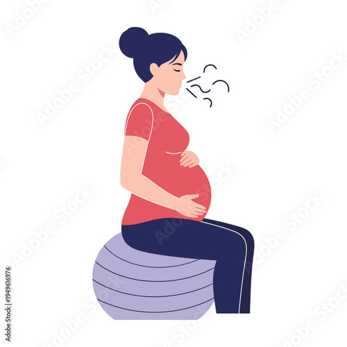 Simple illustration vector of pregnant woman illustration of pregnant woman sitting on exercise ball with discomfort