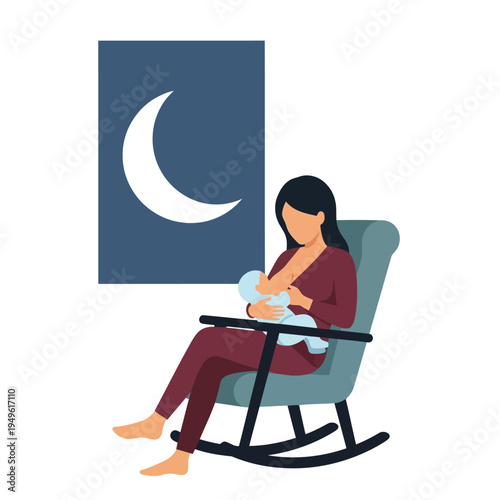 Simple illustration vector of pregnant woman illustration of woman breastfeeding baby in rocking chair at night with moon